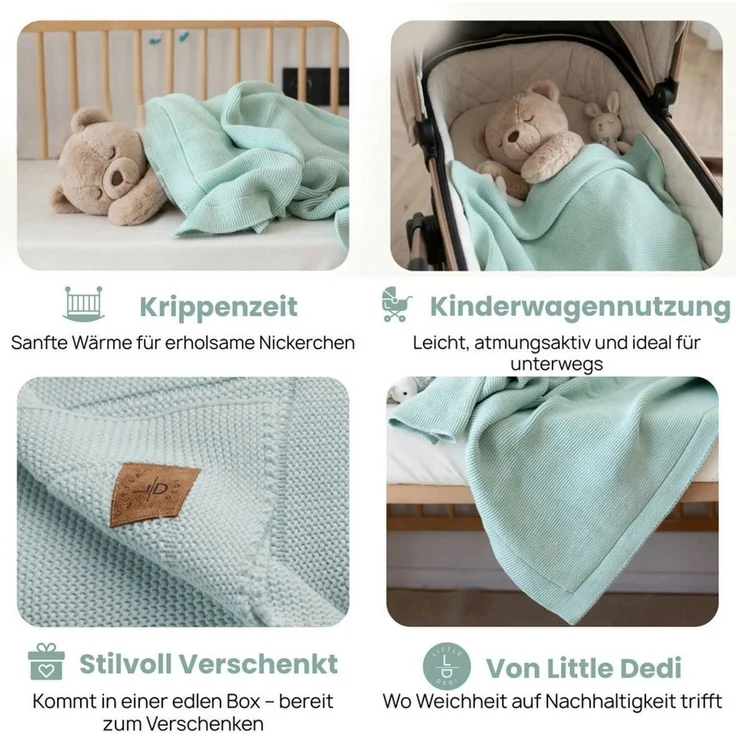 Babydecke Baby Strickdecke, %100 Bio Baumwolle, Atmungsaktiv, 80x100cm, Hellgrün, Little Dedi – Bild 3