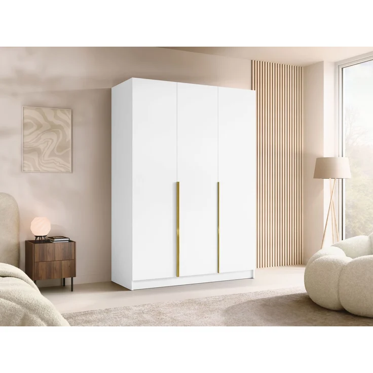 Mirjan24 'Cikzori' Kleiderschrank mit Einlegeböden und Kleiderstange, 3-türig, Laminatplatte, 215 x 58 x 150 cm, Weiß / Gold, ohne Spiegel – Bild 2