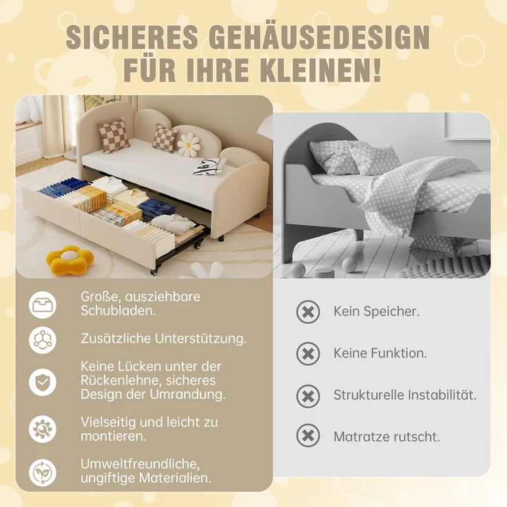 Kinderbett Blumenform, Kinderbett aus Samtstoff mit Sicherheitsrand, Massivholzrahmen, ausziehbare Schublade 90x200 cm,Beige – Bild 7