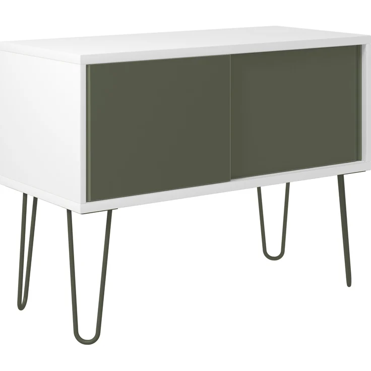 MultiRange Sideboard, weiß, Schiebetüren aus Stahl, 4 Stahlfüße, Maße: H 752 x B 1000 x T 450 mm, Farbe: weiß/olivgrün – Bild 2