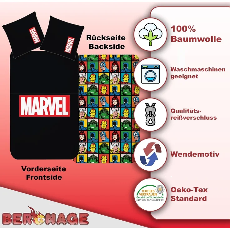 BERONAGE Jugendbettwäsche Marvel Logo Bettwäsche schwarz Linon / Renforcé, 2 teilig, 135x200 + 80x80 cm – Bild 3
