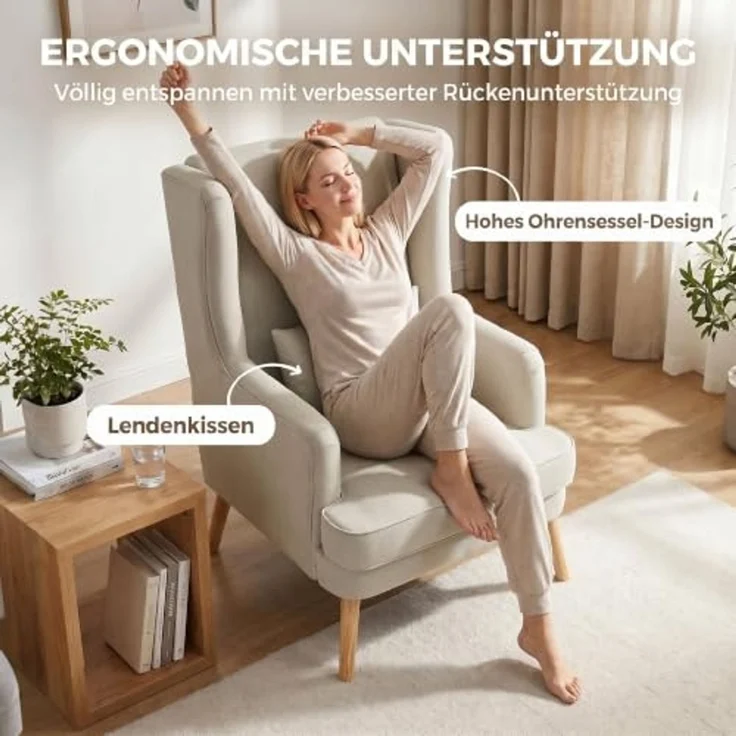 HOMCOM Relaxsessel mit Lendenkissen, hoher Rückenlehne, breitem Sitz (Loungesessel, 1-St, Ohrensessel), für Wohnzimmer Schlafzimmer Beige – Bild 4
