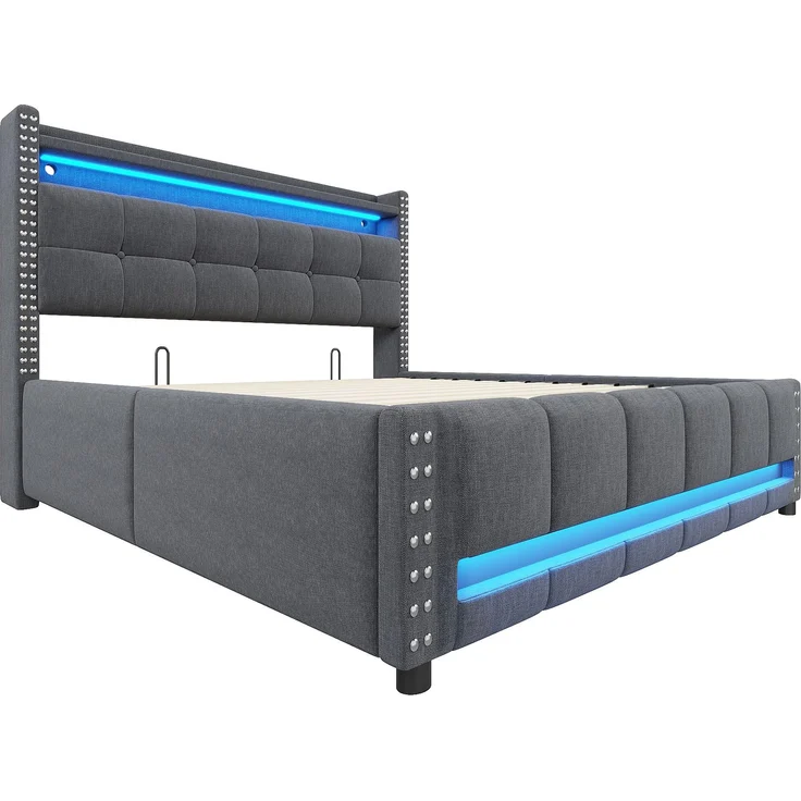 Polsterbett 140×200 cm mit Bettkasten, LED-Beleuchtung und USB-Anschluss, Grau – Bild 7