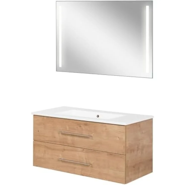 FACKELMANN B.PERFEKT Waschtisch Set mit Spiegel 103 cm breit, Braun hell, Waschbecken Keramik Weiß