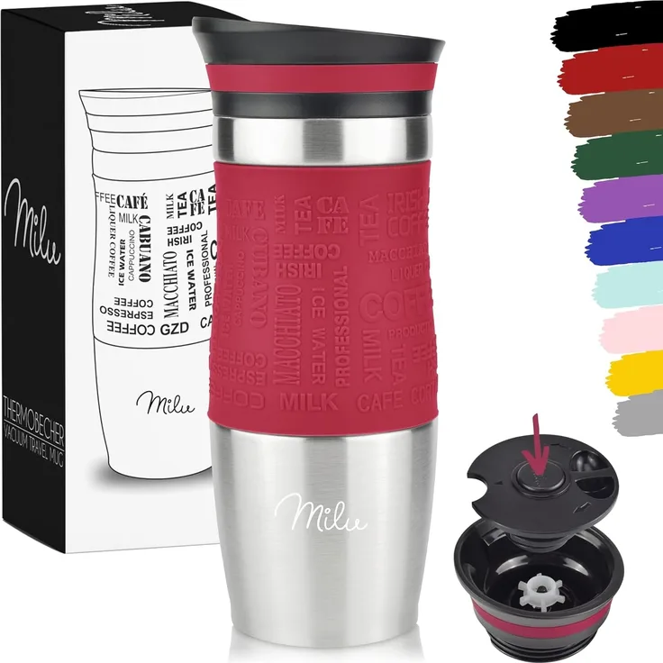 Milu Thermobecher Isolierbecher Kaffeebecher to go - 370ml - 100% Auslaufsicher - Trinkbecher aus Edelstahl - Autobecher doppelwand Isolierung - Thermo Becher - Travel Mug - (Rot, 370ml)
