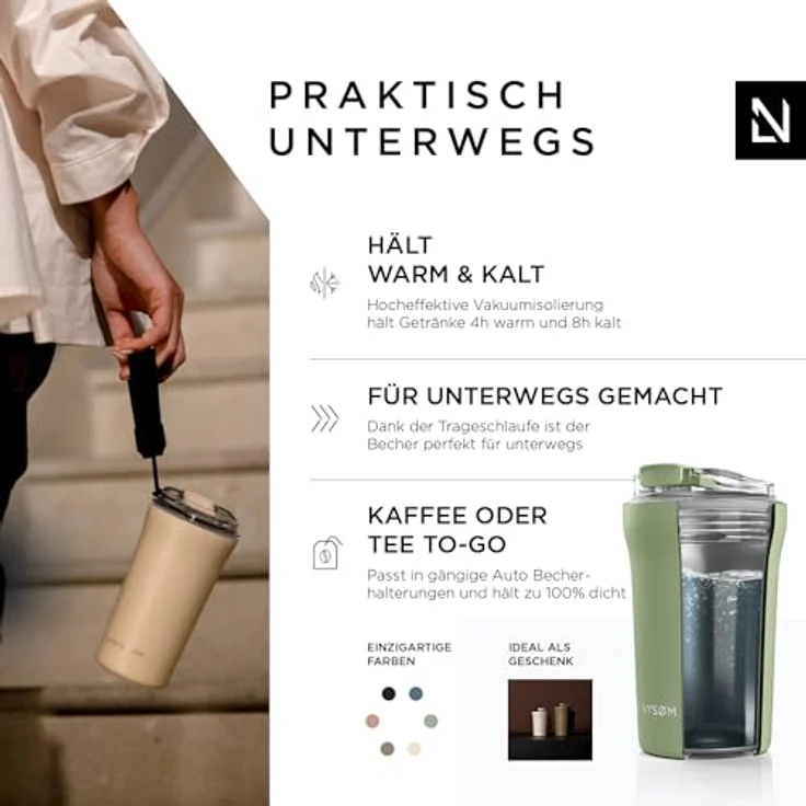 LARS NYSØM Rørelse Thermo Kaffeebecher to go mit Trageschlaufe & Tritan Deckel | Travel Mug 0,38 Liter mit Isolierung | Auslaufsicherer Edelstahl Thermobecher für Café & Tee (Sage Green, 380ml) – Bild 2