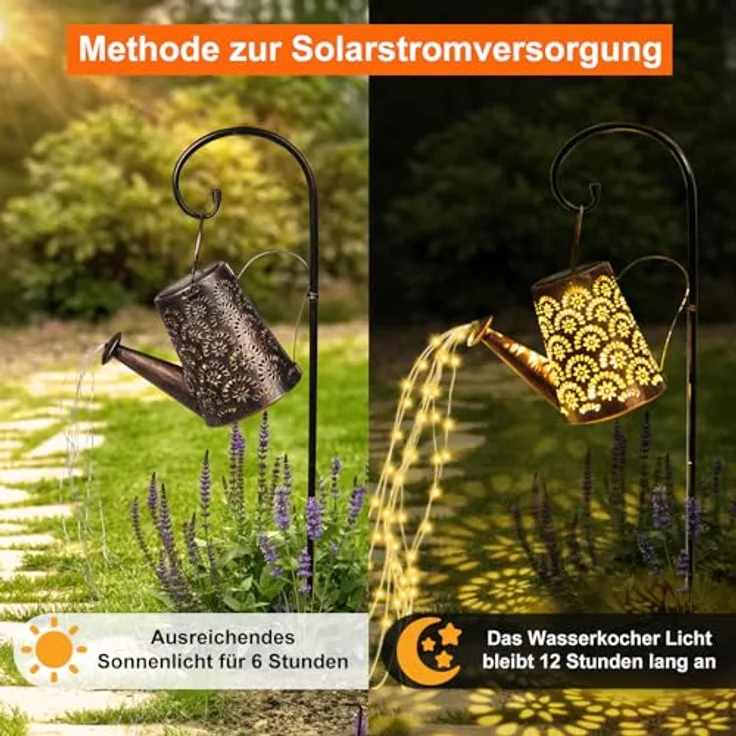 OUILA Solar Gießkanne Lichterkette, 2 Stück Solarlaterne für außen mit Schäferhaken, Solarlampen IP65 Wasserdicht, LED Lichterketten für Außen, Gartendeko, Hofweg, Blumenbeet – Bild 3