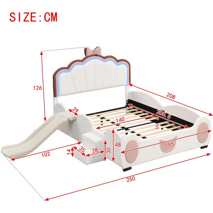 Merax 140*200cm Kinderbett Polsterbett, Schmetterlingsbett LED-Farbwechsellicht, Fernbedienung, ausgestattet mit Rutsche und Leiter, PU-Material, schöne Form, rosa + weiß – Bild 4
