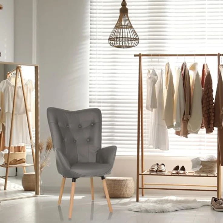 hjh LIVING Ohrensessel in Velour-Optik HAVENIO I Sessel für Wohnzimmer Schlafzimmer, Polsterstuhl mit Holzbeinen, Stoff Grau – Bild 5