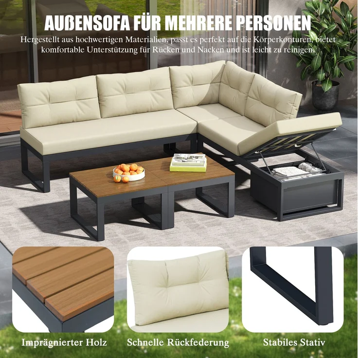 Gartenlounge-Set, Polyester mit Liegefunktion & Stauraum, 191,5x191,5x79 cm, Beige – Bild 7