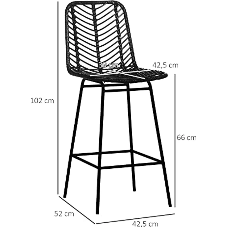 HOMCOM Barhocker 2er-Set, mit Fußstütze, Stahlbeinen (Barstühle, 2 St, Tresenhocker), für Wohnzimmer, Esszimmer, Schwarz, 42,5 x 52 x 102 cm – Bild 7