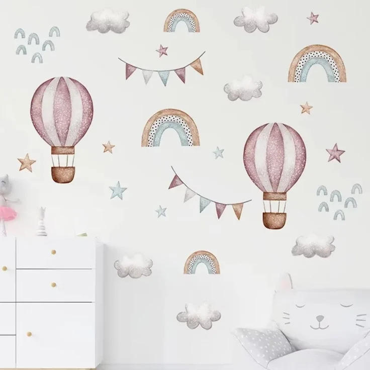 Montegoni Wandsticker Aquarell Rosa ballon & Regenbogen Wandaufkleber – Dekorative Wolken, geeignet für Kinderzimmer, Babyzimmer, Wohnraum Dekoaufkleber