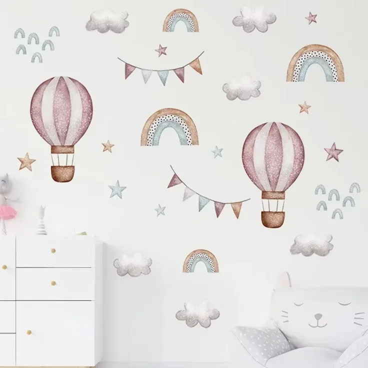 Montegoni Wandsticker Aquarell Rosa ballon & Regenbogen Wandaufkleber – Dekorative Wolken, geeignet für Kinderzimmer, Babyzimmer, Wohnraum Dekoaufkleber