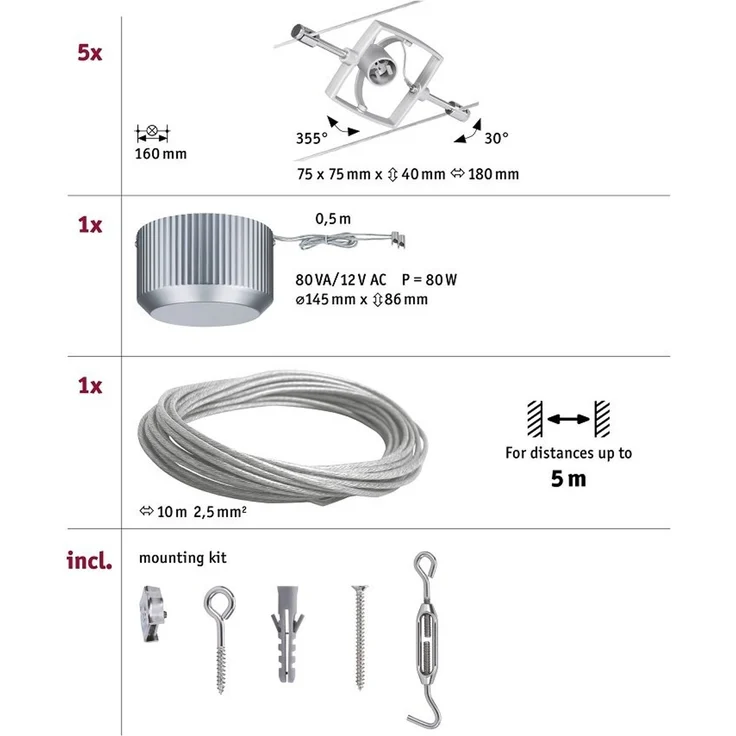 Paulmann No. 94133 Seilsystem Mac II Chrom matt mit 5 Spots ohne Leuchtmittel, max. 10W GU5,3 – Bild 2