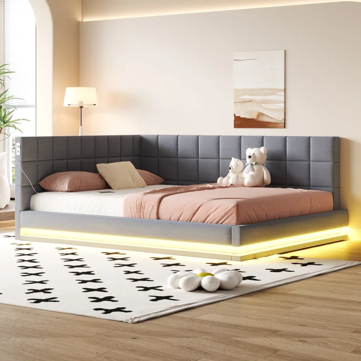 Polsterbett, Schlafsofa Multifunktionsbett mit LED-Lichtleiste USB Steckdose Lattenrost, Samt, Grau, 160x200cm