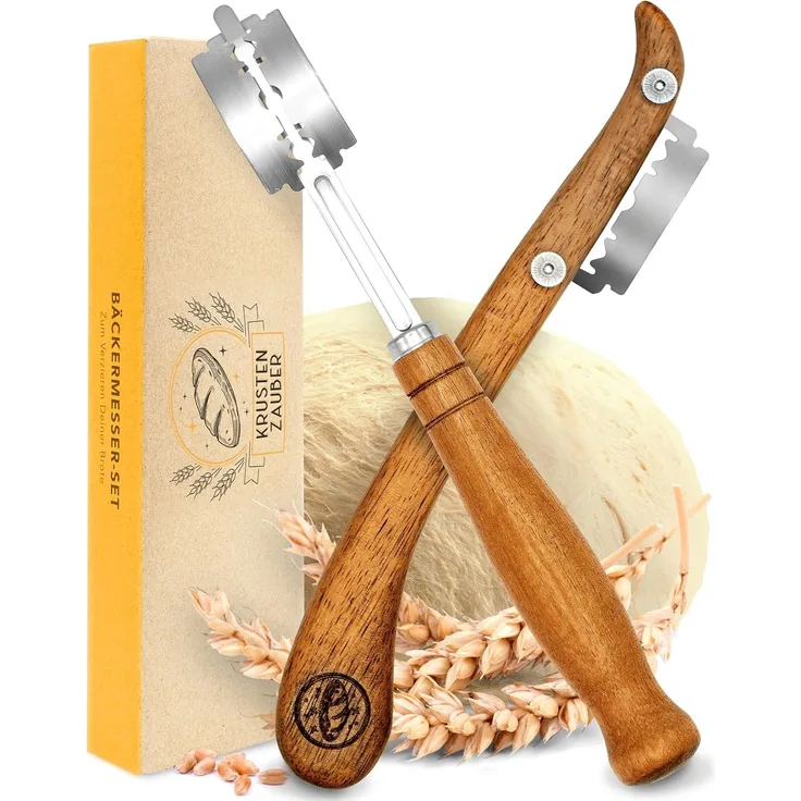 Krustenzauber Brotmesser Bäckermesser Teigmesser Set für gerade und geschwungene Schnitte, Brotklinge, Bäckerklinge, Teigritzmesser Lame, Brot Backen Zubehör