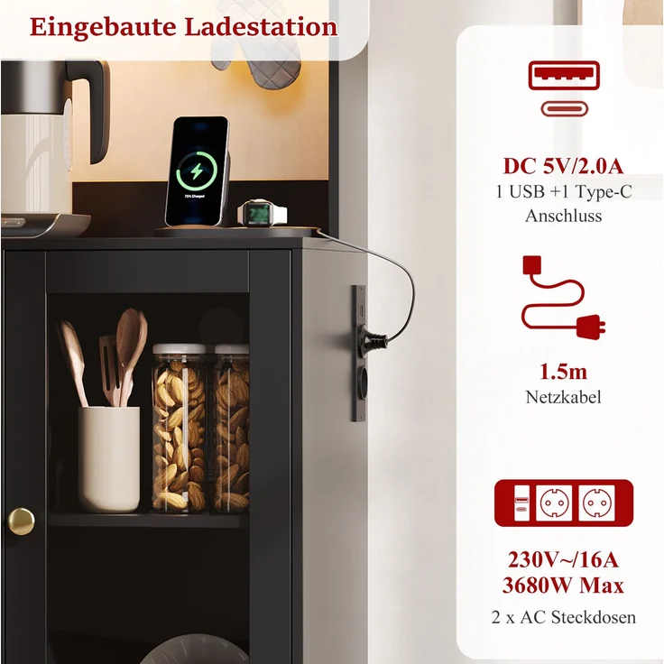Küchenschrank 120 x 40 x 170 cm in Schwarz mit RGB-LED-Beleuchtung und Schubladen – Bild 8