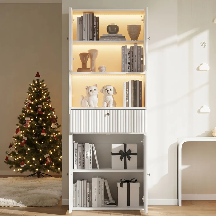 ZUBALIYA LED Glasvitrine, Bücherschrank, Büroschrank mit RGB LED Lichtleisten, Figurenvitrine, Stauraumschrank, Büromöbel, mit Schubladen, Sammlervitrine, Hochschrank, LED Beleuchtung, Weiß, 70 x 35 x 180 cm – Bild 2