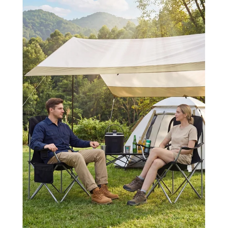 Campingstuhl, 2er Set, Campingstuhl Faltbar mit Getränkehalter und Tragetasch, Schwerlaststruktur bis 150 KG, Anglersessel Klappbar, Anglerstuhl, Gartenstuhl Outdoor, Schwarz – Bild 4