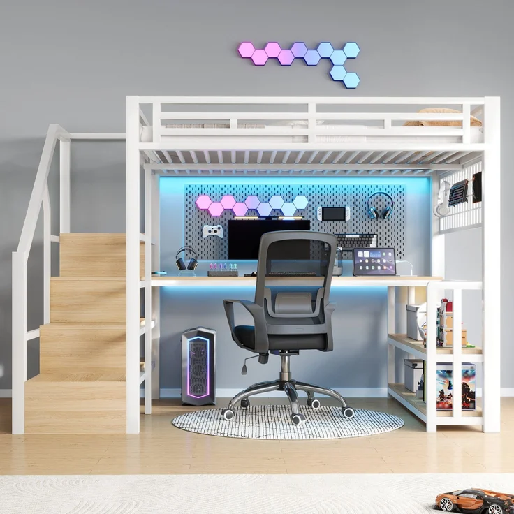 Hochbett mit RGB LED-Streifen, Schreibtisch, Treppe, Regal, Wandgitter, USB, Type-C, 140x200cm, Kinderbett, Metallbett – Bild 3