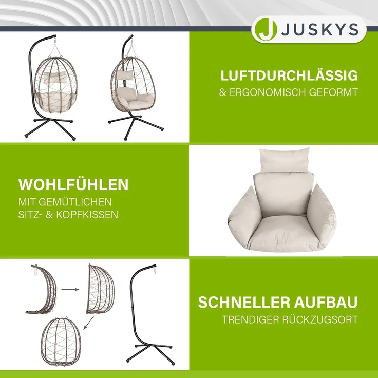 Juskys 'Aria' Hängesessel mit Kissen, höhenverstellbar & faltbar, Polyrattan beige, bis 130 kg belastbar – Bild 6
