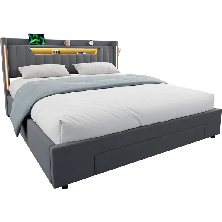 Polsterbett 160x200 cm mit LED-Beleuchtung, Stauraum und Schublade – Ohne Matratze – Bild 7