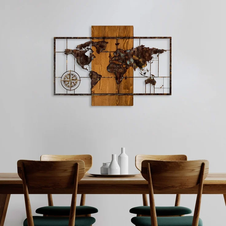 Wallity 'World Map With Compass 5' Dekoratives Wandaccessoire aus Holz, Walnuss / Braun, 85 x 58 cm – Bild 2