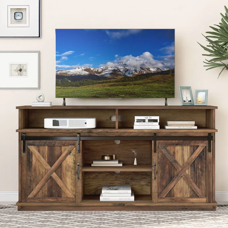 TV-Schrank 148 x 40 x 78 cm für Fernseher bis 65 Zoll, Rustikales Design mit Schiebetüren, 8 Ablagefächern, 2 höhenverstellbaren Regalen – Bild 1