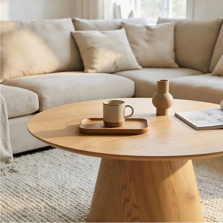 IDIMEX Couchtisch RUDA, Wohnzimmertisch rund 85 cm mit modernem Kegelfuß MDF Eiche Finish