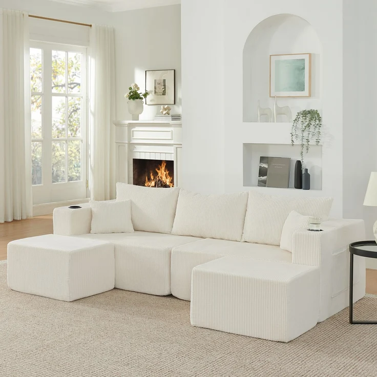 EINHOM 3-Sitzer modulares Ecksofa, komprimiertes L-Form Sofa mit beweglichen Ottomanen, weicher Cordstoff, Getränkehalter, Seitentasche und Kissen, geeignet für Wohnzimmer, Hotels und Mietwohnungen, Beige – Bild 1
