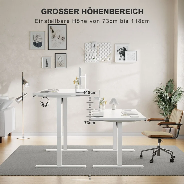 JUMMICO Schreibtisch elektrisch höhenverstellbar mit USB-Ladeanschluss, Weiß, 120x60 cm – Bild 5