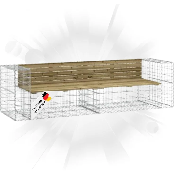 DELUKE® Gartenbank Gabionen INO aus Stahl 244x71x65,5cm Kiefernholz Braun Gabionenbank Gartenbank mit Sitzfläche aus Gabionen Steinkorb Gabionengitter Ziergabione Drahtkorb befüllbar – Bild 1
