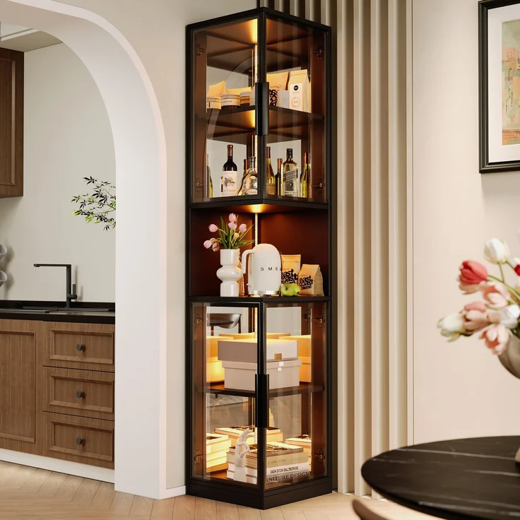 Vitrinenschrank 42 x 44 x 205 cm mit Glastüren, Spiegelrückwand und LED-Beleuchtung – Bild 5