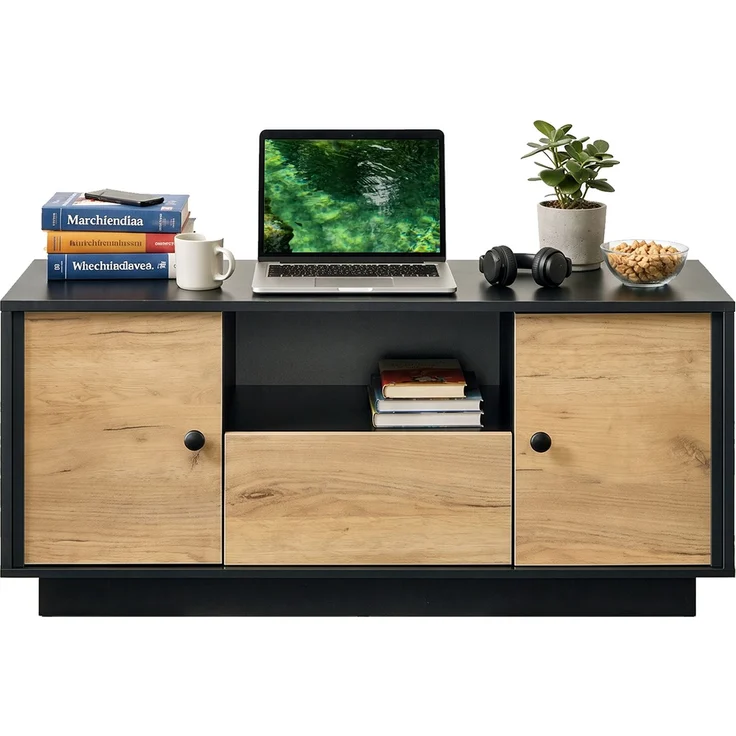 Couchtisch 100 x 50 x 45 cm, mit Schubladen, mit Ablagefächern, aus Spanplatte, Mattschwarz / Naturfarben – Bild 3
