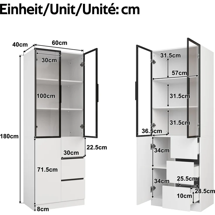 Vitrine 60 x 40 x 180 cm aus Spanplatte in Weiß mit Glastüren und App-steuerbarer LED-Beleuchtung – Bild 5