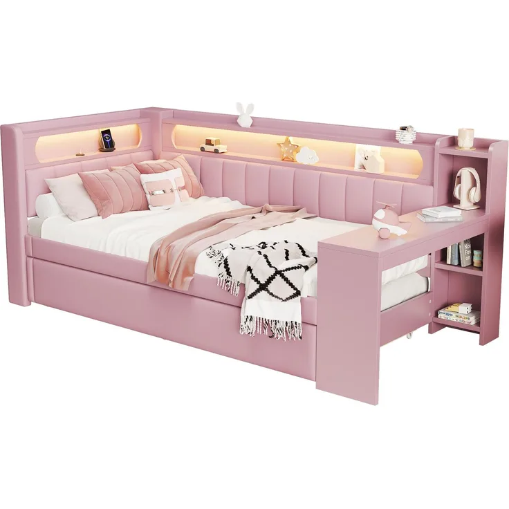 Gepolstertes 90x200 Tagesbett mit USB-Anschlüssen und LED-Gürtel, mit Ausziehbett und Schreibtisch, Rosa