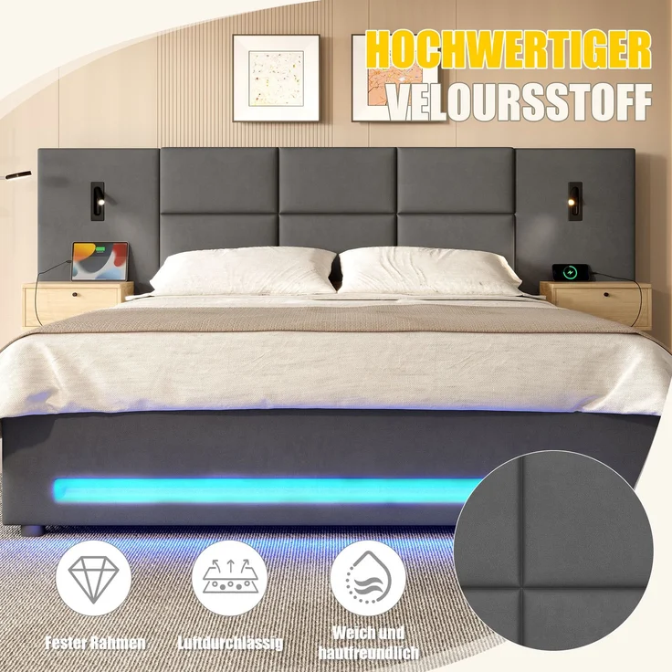 TavilaEcon Boxspringbett mit Samtkopfteil, praktischen Stauschubladen und LED-Nachtlicht grau Liegefläche 180 × 200 cm – Bild 5