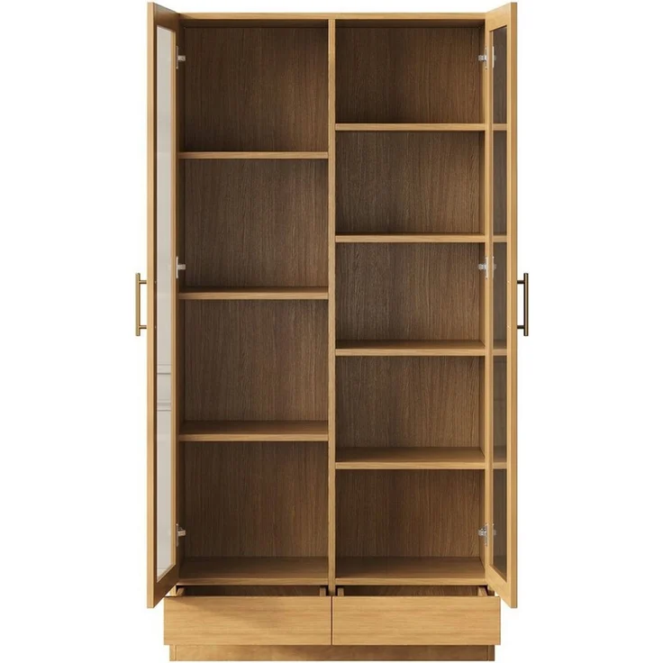 Flieks Glasvitrine Bücherregal mit 2 Glastüren und Schubladen (80x40x160 cm, 1-St) Hochschrank Aktenschrank Mehrzweckschrank mit 9 Fächern Holzoptik – Bild 4