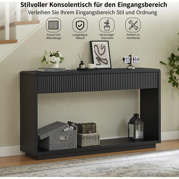 DESVIAE Sideboard Schwarz aus Spanplatte/MDF – 150x85x35 cm – 2 Schubladen, offenes Fach – Bild 5