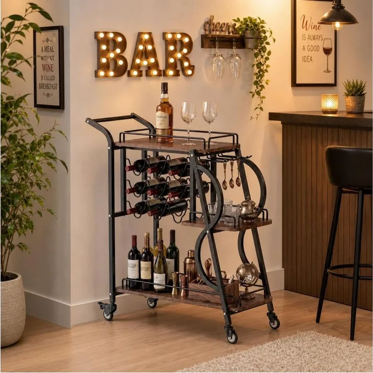 GarveeMore Servierwagen 3-stufiger mit Weinregal und Gläserhalterung, MDF in Holzoptik, 3-stufig, Weinregal, 8 Flaschen, 9 Gläser, Rollen, Holzoptik