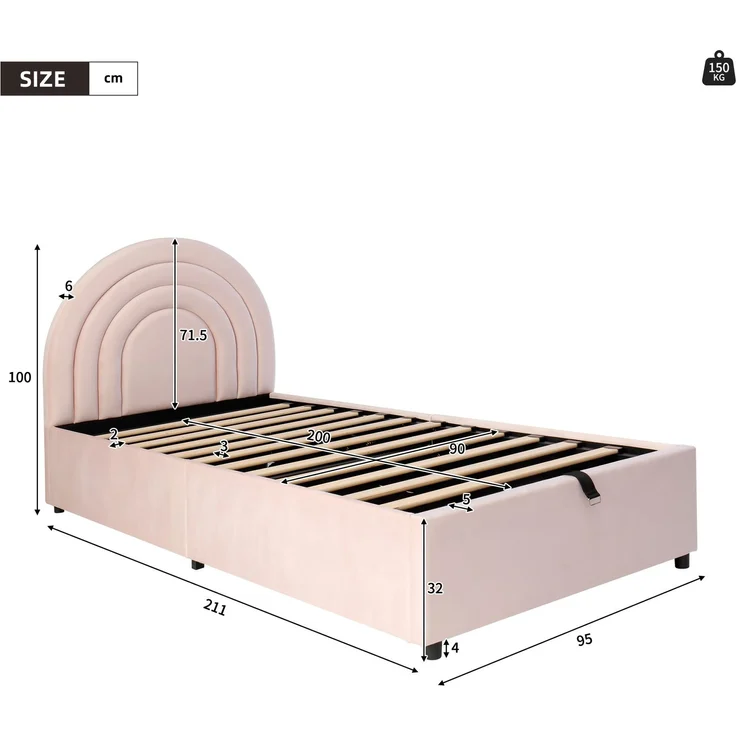 Kinderbett 90x200 cm mit hydraulischem Stauraum, eingebetteter Matratze, geräuschdämpfenden Polstern, Samtbezug, weichem Kopfteil,Rosa – Bild 9