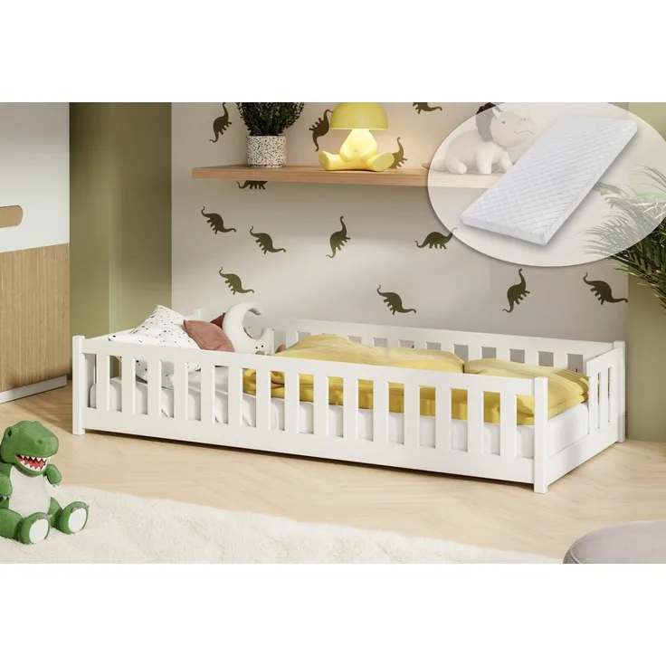 Kids Collective Kinderbett Bodenbett mit Rausfallschutz & Lattenrost Montessori Betten Kinder (Verfügbare Größen: 80 x 160, 80 x 180, 90 x 190, 90 x 200, 120 x 200, 140 x 200 cm), Jugendbett Einzelbett Kiefer mit Matratze Weiß 80x160 cm