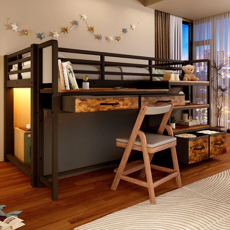 ZUBALIYA Hochbett 90x200 cm mit Schreibtisch, Stauraum und Stoffschubladen, Kinderbett aus Metall mit Vorhang, mehrschichtigem Regal und LED-Licht, Schwarz – Bild 2