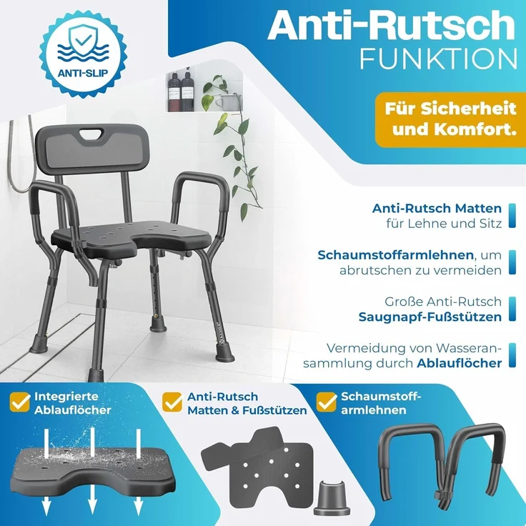 KESSER® Duschhocker mit Lehne höhenverstellbar in 6 Stufen 38-54cm | Badhocker 150KG belastbar Duschstuhl Anti-Rutsch Füße & Matten | Duschhilfe Senioren & Schwangere Duschsitz mit Brausehalterung Anthrazit – Bild 3