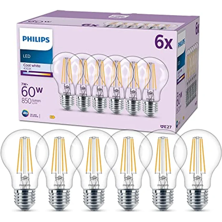 Philips E27 LED-Filamentlampe 7W 850lm klar 4.000K, 6er-Set – Bild 1