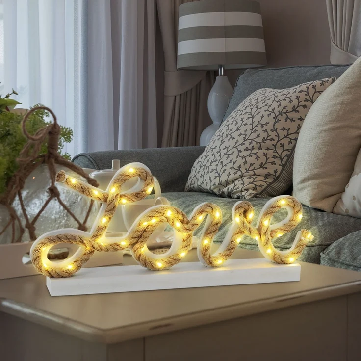 LED-Deko-Tischleuchte, Hanfseil, Love, weiß, L 45 cm – Bild 3