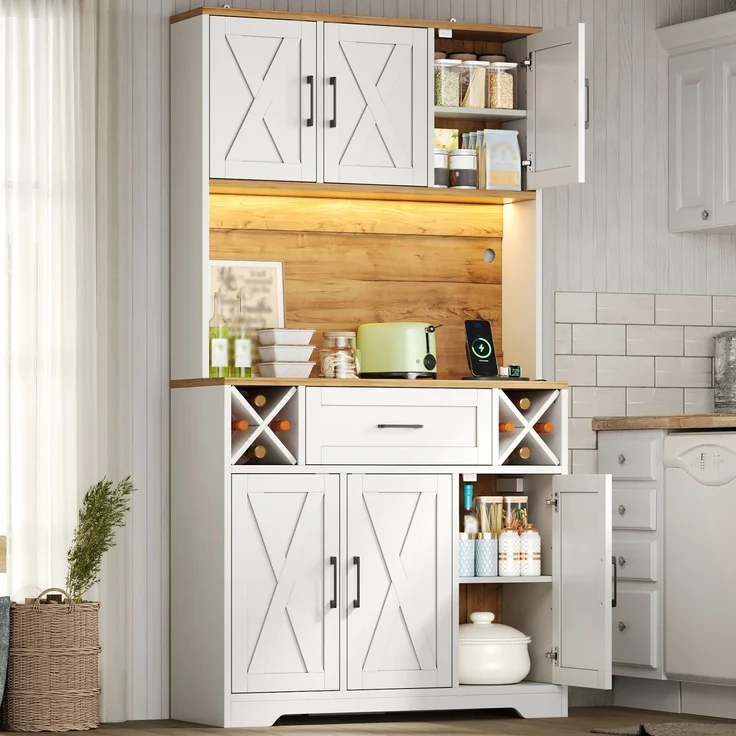 Küchenschrank, hoher Stauraumschrank mit LED-Beleuchtung, Vorratsschrank mit Weinregalen, Weinschrank & Vitrinenschrank für Wohnzimmer und Esszimmer, 180 × 105 × 40 cm--Natur + Weiß1--105x40x180cm--YOUDENOVA – Bild 8