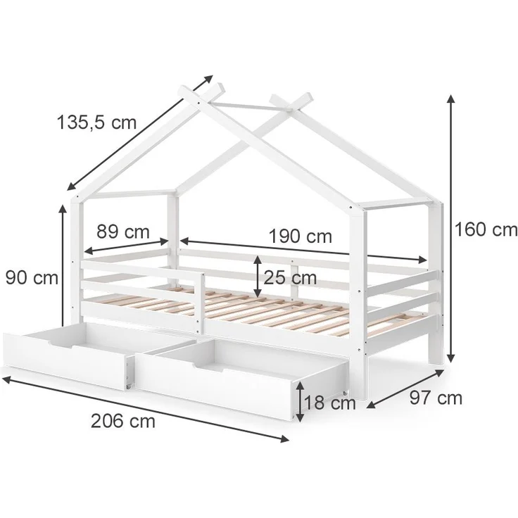 Hausbett Luni Weiß 200 x 90 cm mit Schubladen und Matratze Vitalispa – Bild 2