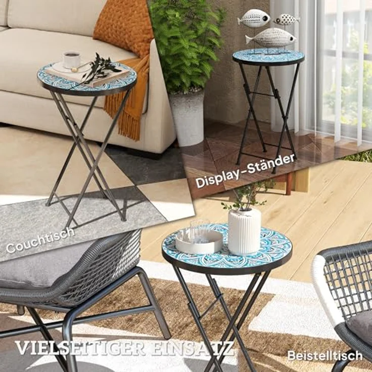 Outsunny Gartentisch mit Mosaik-Design, Ø35,5 x 55 cm, Rund, wetterfest, aus Metall (klappbar Balkontisch, 1-St, Beistelltisch), für Wohnzimmer, Büro, Outdoor, Indoor, Blau – Bild 7