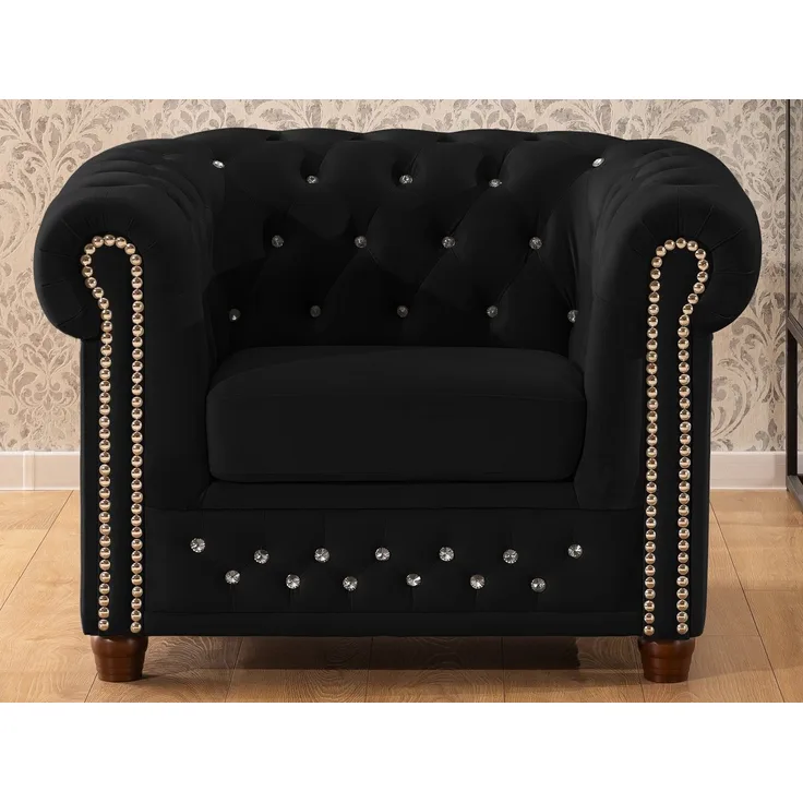 S-Style Möbel Chesterfield-Sessel Cleo Blink aus Samt mit Kristallsteppung und braunen Massivholzfüßen, mit Wellenfederung